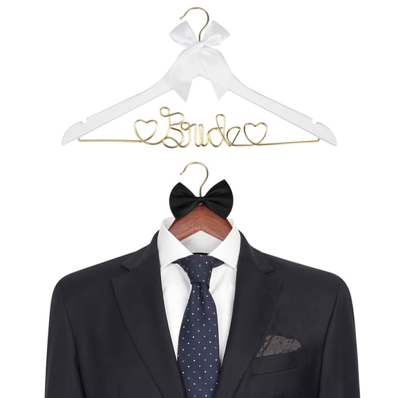 Ikoopy 2 Pcs Personalized Wedding Hanger Wood and Iron Bride and Groom Hanger with Bow for Party Wedding Dress Evening Dress Suit