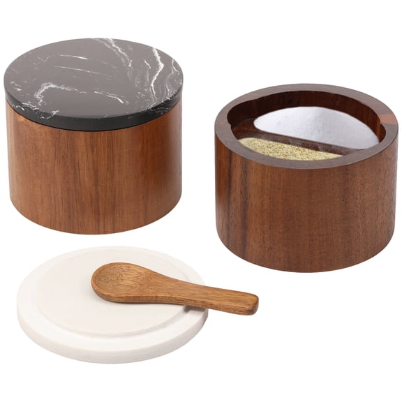 Ikoopy 2 Pcs Salt Cellar Box with Lid and Spoon Wood and Stone Salt or Pepper Sugar Spice Seasoning Bowl Container Jar Holder Well Keep for Kitchen