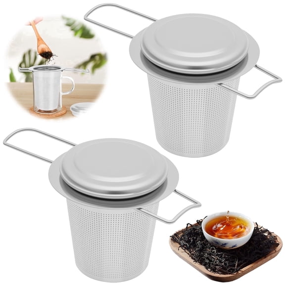 Tea Infuser for Loose Leaf Tea, 2 Pack Stainless Steel Tea Strainer Basket with Lid, Foldable Handle Fine Mesh Tea Steeper for Mugs and Teapots