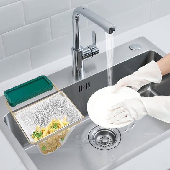 Ikoopy 2 Pcs Waste Rack Sink with 200Pcs Filter Mesh Bags and Gloves Collapsible Sink Drain Strainer for Kitchen Leftovers Garbage Food Waste