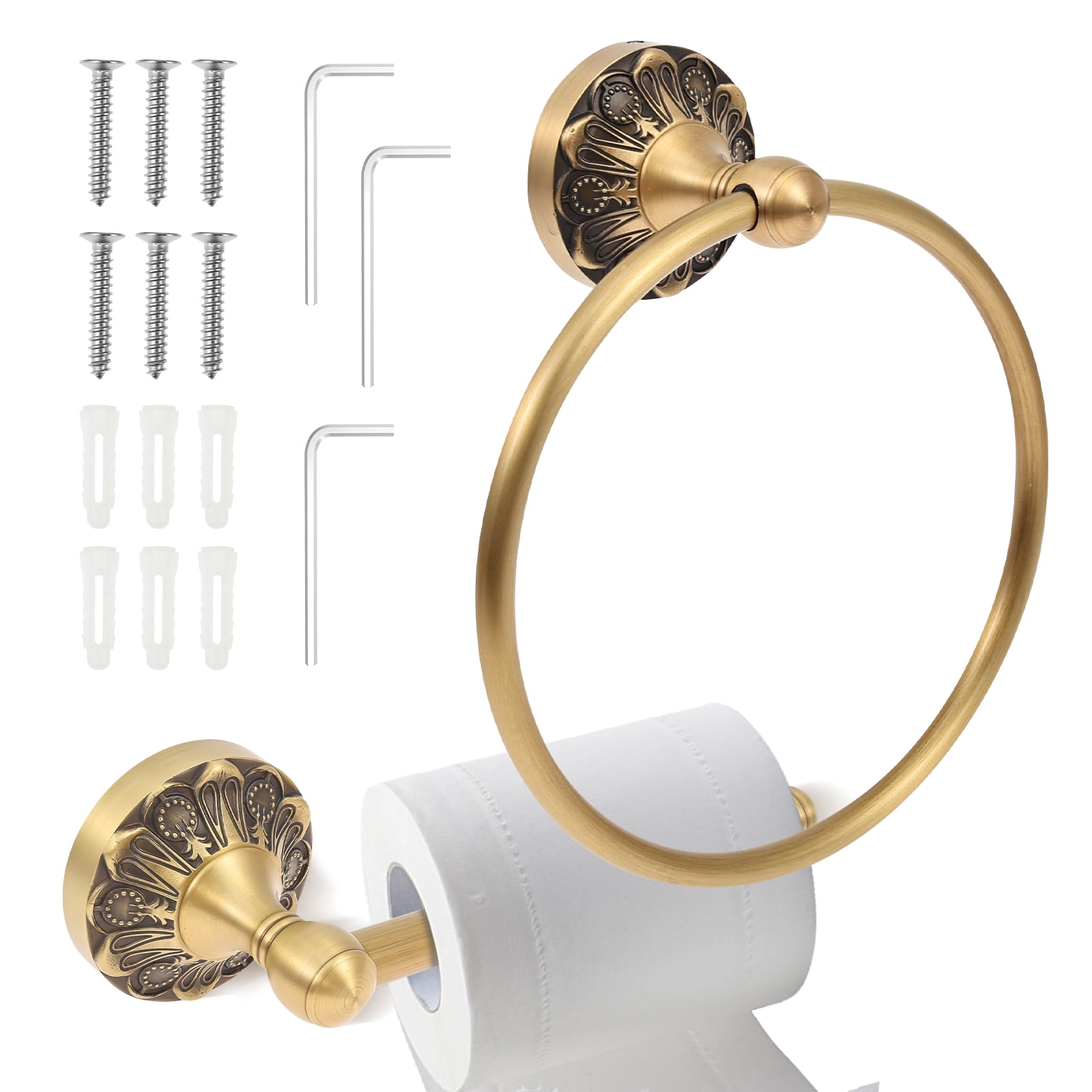 Ikoopy 2 Pieces Set Antique Brass Toilet Paper Holder Retro Brass Hand Towel Ring Tissue Roll Paper Hanger Bathroom Hardware Wall Mounted Vintage Bathroom Accessories
