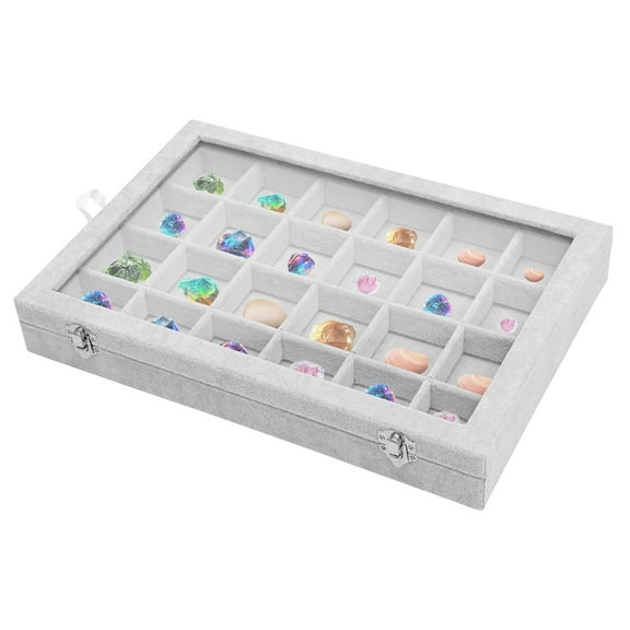 Ikoopy 24 Grid Rock Display Case With Metal Lock Clear Glass Lid Multipurpose Gemstone Collection Case With Detachable Divider for Jewelry Badge Gem and Stone