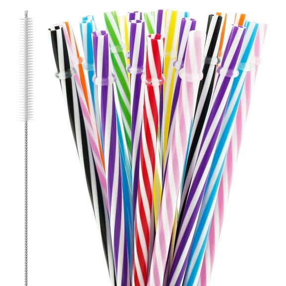 Ikoopy 24Pcs Drinking Striped Straws Reusable Hard Plastic Straws with Cleaning Brush Assorted Color Candy-Striped Straw Party Straight Straws Diameter 0.3inch for Home Party Wedding