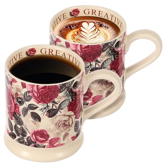 Ikoopy 2Pcs 380ml Rose Print Ceramic Coffee Mug Heat Resistant Large Capacity Ceramic Tea Milk Cup for Cold and Hot Beverage