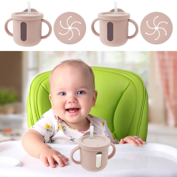 Ikoopy 2Pcs Baby Silicone Cup with Eyedropper Spill Proof Toddler Cup Double Lid Design Non Slip Handle with Capacity Marking