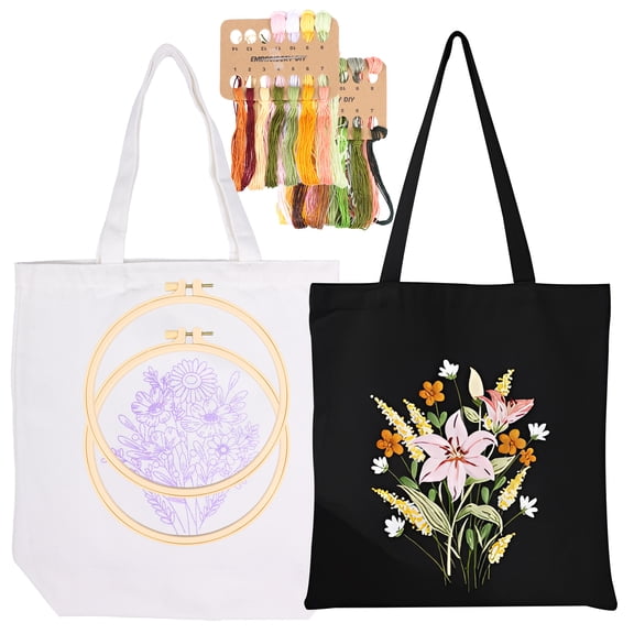 Ikoopy 2Pcs Embroidery Kit Tote Bag for Beginners Handmade Cross Stitch Kits for Adults Women Shopping Grocery Bags DIY Cross Stitch Set