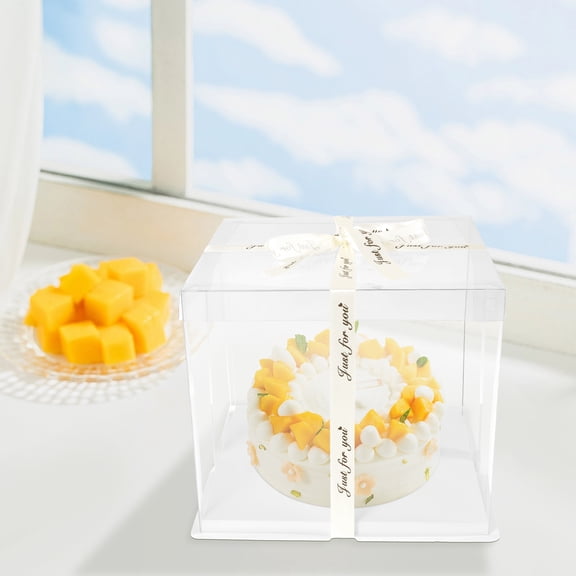 Ikoopy 2Pcs Transparent Cake Boxes with Base and Ribbon Clear Large Capacity Pre Folded Design for Tall Layer Cake Transport