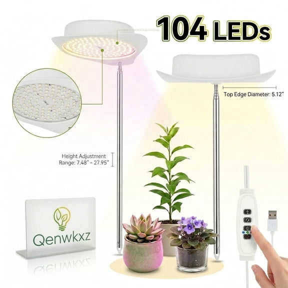 Qenwkxz 2pcs Grow Lights for Indoor Plants, 104 LEDs Full Spectrum Halo Plant Light, Three spectral switching, Height Adjustable Growing Lamp with Detachable Base