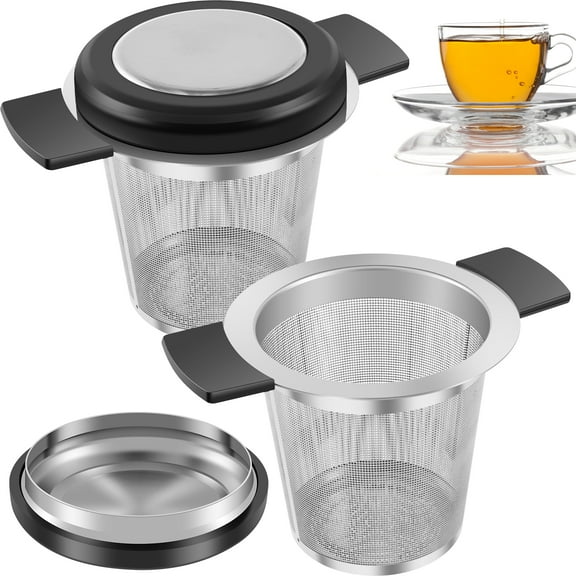 Ikoopy 2pcs Tea Strainers for Loose Tea Stainless Steel Tea Steeper Large Capacity Tea Infuser Fine Mesh Tea Diffuser with Silicone Lid and Heat Proof Double Handles for Teapots Cups Mugs