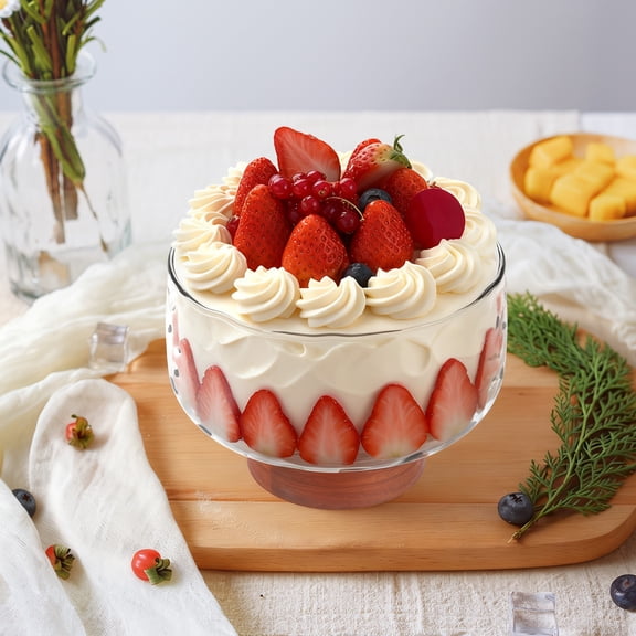 Ikoopy 3.5L Large Glass Trifle Bowl with Elegant Wood Stand Versatile Serving Dish for Cake Salad Dessert Stylish Display for Party Wedding Special Occasion Easy to Clean