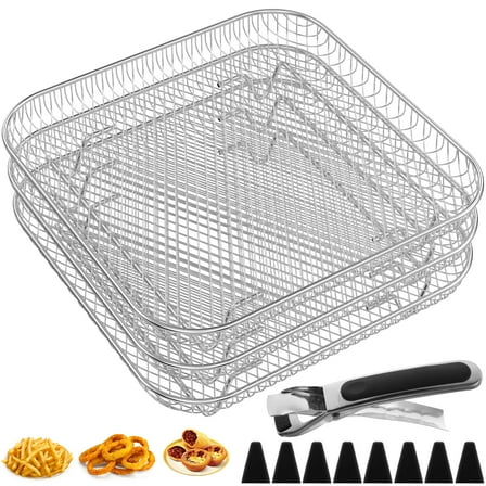 Ikoopy 3 Layer Air Fryer Rack Square Air Fryer Grill Rack Stainless Steel Grill Dehydrator Rack Stackable Air Fryer Basket with 8 Silicone Feet 1 Anti-Scald Clip for Baking Cooking 20×20×4cm