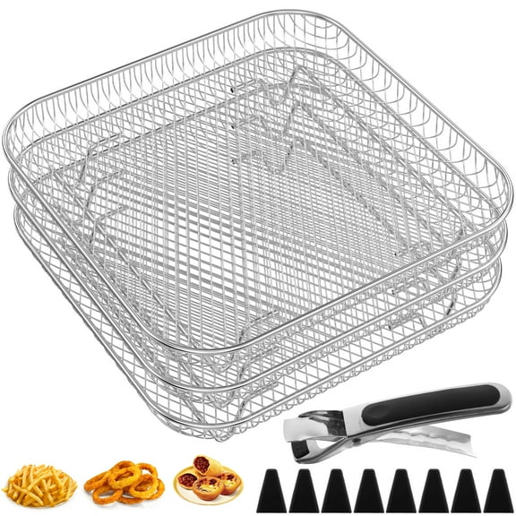 Ikoopy 3 Layer Air Fryer Rack Square Air Fryer Grill Rack Stainless Steel Grill Dehydrator Rack Stackable Air Fryer Basket with 8 Silicone Feet 1 Anti-Scald Clip for Baking Cooking 20×20×4cm
