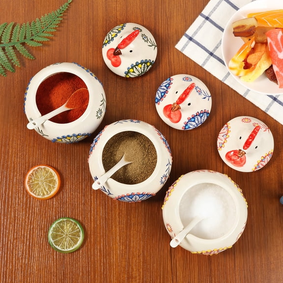 Ikoopy 3 Pcs Ceramic Salt Cellar with Lid and Spoon 13.53 OZ Large Chicken Salt Jar for Counter Coffee Sugar Spice and Candy Spice Container for Countertop
