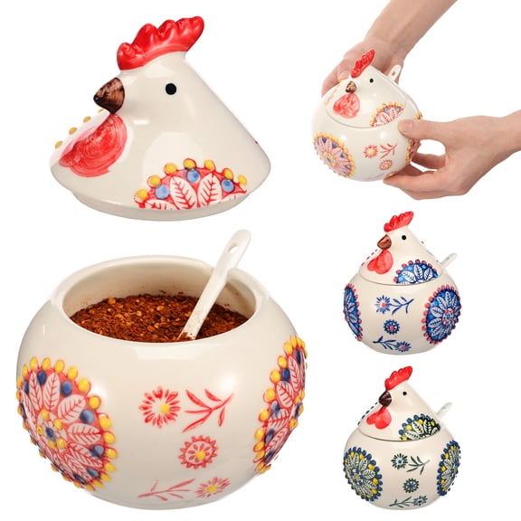 Ikoopy 3 Pcs Ceramic Salt Cellar with Lid and Spoon 13.53 OZ Large Chicken Salt Jar for Counter Coffee Sugar Spice and Candy Spice Container for Countertop