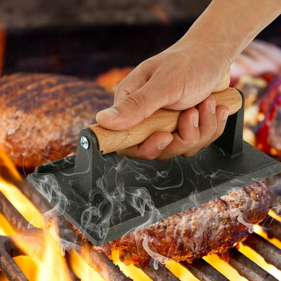 Ikoopy 3 Pcs Efficient Smash Burger Kit with Spatula Cast Iron Burger Press with Wood Handle for Outdoor Grilling Camping Home Cooking