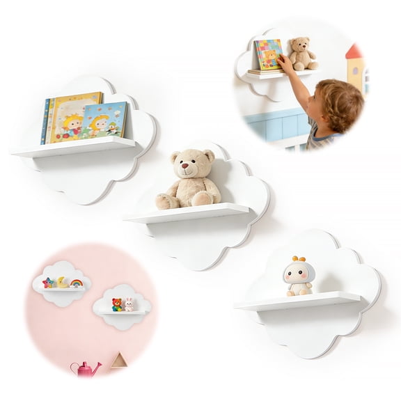 Ikoopy 3 Pcs Floating Cloud Shelves for Wall White Nursery Hanging Bookshelf Cute Wavy Cloud Wall Decor for Toys Books Figure Small Crafts Display