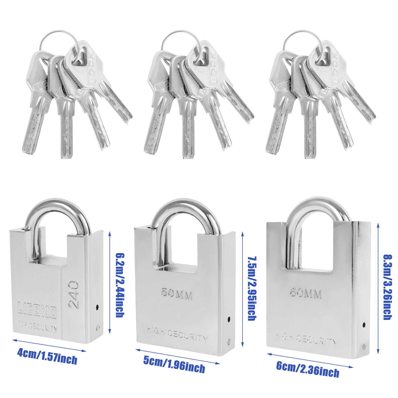 Wekvgz Security Padlock heavy duty padlocks with keys (40mm+50mm+60mm) 3 Pcs High Security Padlock with Key Heavy Duty Padlock Rust Resistant and Weather Resistant for Both Indoor and Outdoor Use