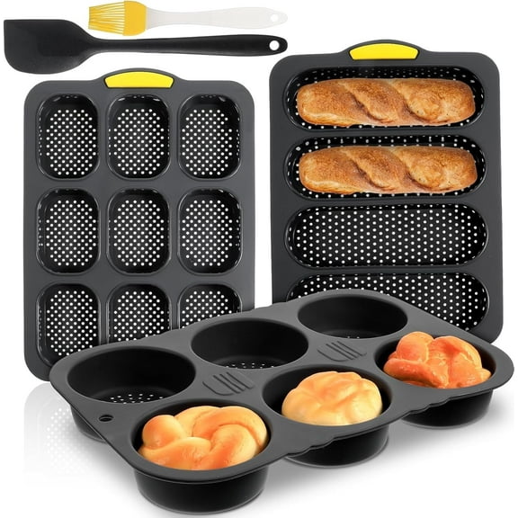 Wekvgz 3 Pcs Silicone Hamburger Bun Mold with Spatula and Brush 4/6/9 Cup Hamburger Bun Pan with Holes for Baking Microwave Safe Black