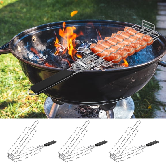 Ikoopy 3 Pcs Stainless Steel Hot Dog Holder for Grilling Easy to Store Hotdog BBQ Basket with Removable Wood Handle for BBQ Camping and More