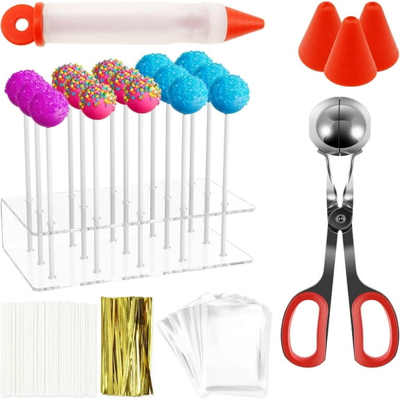 Ikoopy 303Pcs Cake Pop Kit Reusable Cake Pop Mold Set Fun Cake Pop Maker Kit with Lollipop Stand Meat Baller Decorating Pen Lollipop Sticks Lollipop Bags Gold Ties for Candy Baking Kids