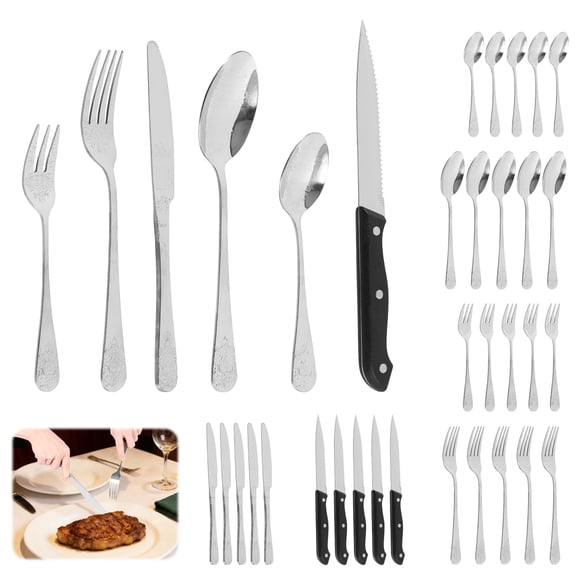 Ikoopy 36Pcs Silver Stainless Steel Cutlery Set Ergonomic Floral Engraved Flatware Set Silverware Utensils with Fork Spoon and Knife for Home Kitchen Party