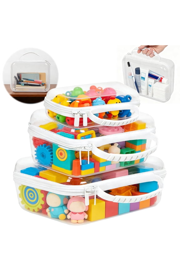 3Pcs Clear Hard Shell Zipper Case Portable Makeup Storage Box Waterproof Storage Bins Cosmetic Bag for Toiletry Travel