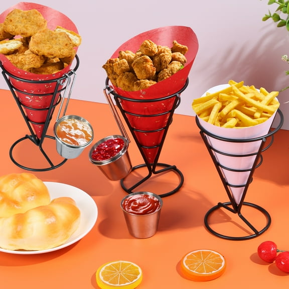 Ikoopy 3Pcs French Fries Stands with Sauce Dipper Rustproof Cone Basket Fry Holder Reusable French Fries Basket Holder for Food Appetizers French Fry Cone Holder for Restaurant Party Supplies 4×5.9in