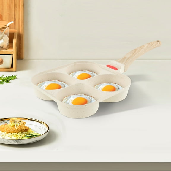 Ikoopy 4 Cups Egg Frying Pan with Wood Handle Nonstick Omelette Pan Stone Egg Pan Multifunctional Omelette Skillet Healthy Pancake Frying Pan for Frying Eggs Pancake Omelet