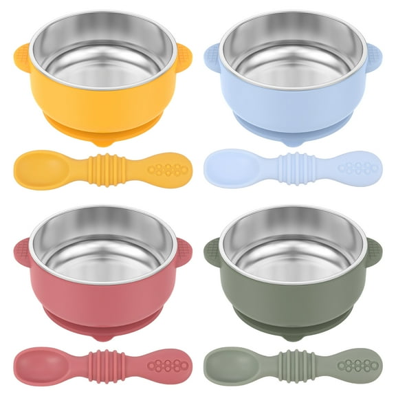 Ikoopy 4 Pcs Baby Bowl with 4 Silicone Spoons Stainless Steel Toddler Bowl with Removable Silicone Shell for Baby Food Feeding Dishwasher Safe