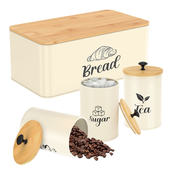 Ikoopy 4 Pcs Bread Box Set with Bamboo Lid Smooth Metal Bread Bin Set with 3 Coffee Tea Sugar Canisters for Home Kitchen Countertop