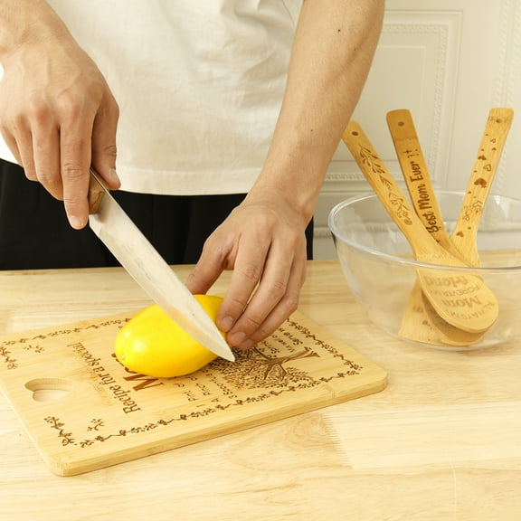 Ikoopy 4 Pcs Cutting Board and Utensil Set Bamboo Cooking Utensil Set Unique Chopping Board with Soup Spoon Spatula Slotted Spoon for Present and Decoration