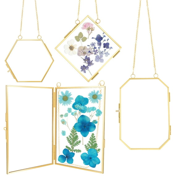 Ikoopy 4 Pcs Hanging Pressed Flower Frame with Chain Double Glass Floating Picture Frame for Pressed Dried Flowers Photo Small Flat Items Artwork Display