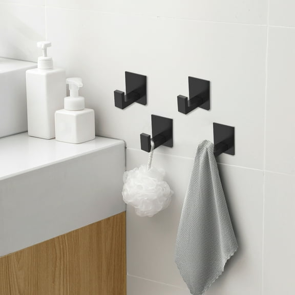 Ikoopy 4 Pcs Self Adhesive Towel Hooks Stainless Steel Adhesive Wall Hooks Square Adhesive Hooks Stylish Self Adhesive Hooks No Drilling Coat Hooks for Hanging Towel Coats Matte Black