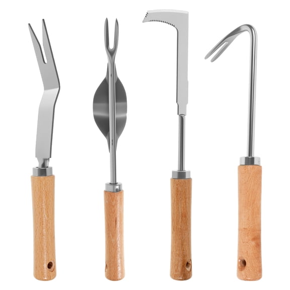 Ikoopy 4 Pcs Weeding Tool Stainless Steel Weed Puller Tool with Ergonomic Wood Handle Multipurpose Garden Weeder Set for Transplanting Weeding Gardening