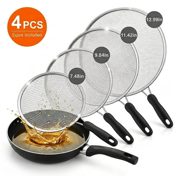Splatter Screen for Frying Pan, 4-Piece Stainless Steel Grease Splatter Guard Set with Fine Mesh, 13", 11.4", 9.8" , 7.4" for Skillets, Pots and Woks