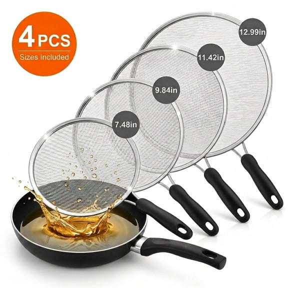 Ihvewuo 4 Pack Stainless Steel Splatter Guard Set (13", 11.4", 9.8", 7.4") - Fine Mesh Splatter Screens with Comfort Grip Handles - Grease & Oil Guard for Frying Pans, Cooking Pots & Skillets