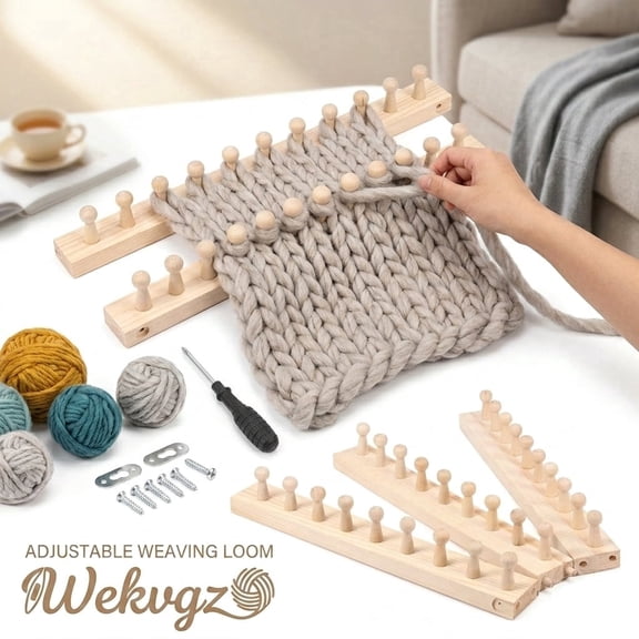 Chunky Blanket Loom, Adjustable Wooden Knitting Loom Frame for Hand Knitting, Foldable Weaving Tool for Blankets, Shawls, Scarves - Natural Wood