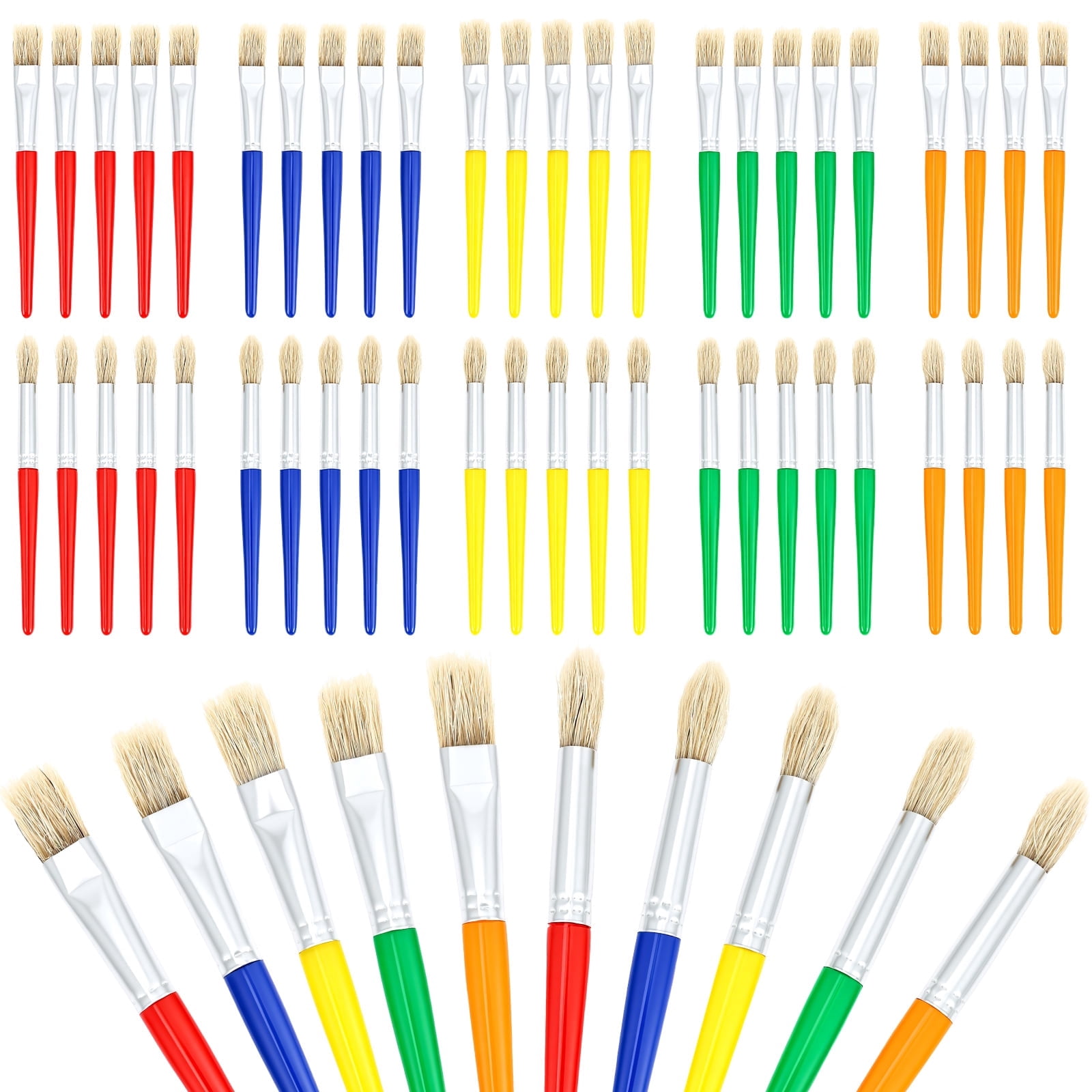 Ikoopy 48Pcs Toddler Paint Brushes Colorful Round and Flat Kids Paint Brush Set with Plastic Handle for Kids Beginners Art Supplies