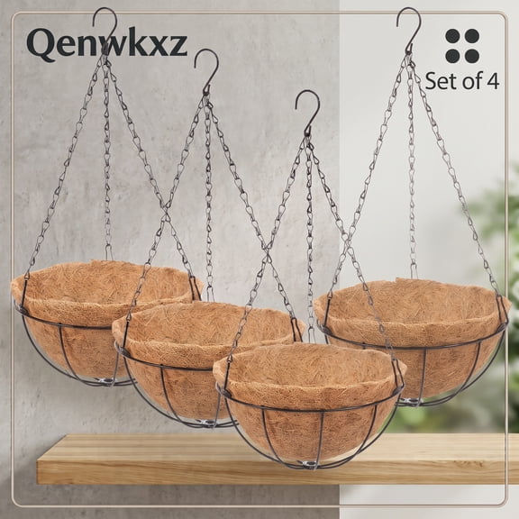 4-Pack 10-Inch Metal Hanging Planter with Coco Liners, Round Wire Hanging Baskets for Plants Outdoor