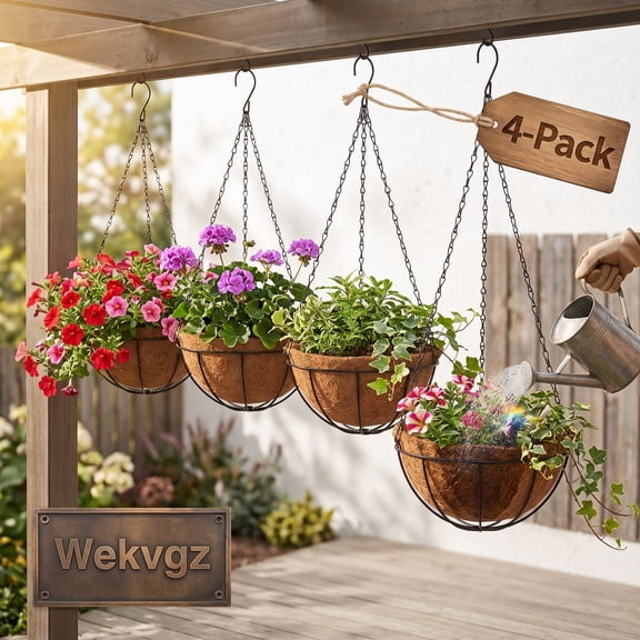 10-Inch Metal Hanging Baskets for Plants with Coco Liners, 4-Pack Rustproof Hanging Planters for Porch Patio Garden