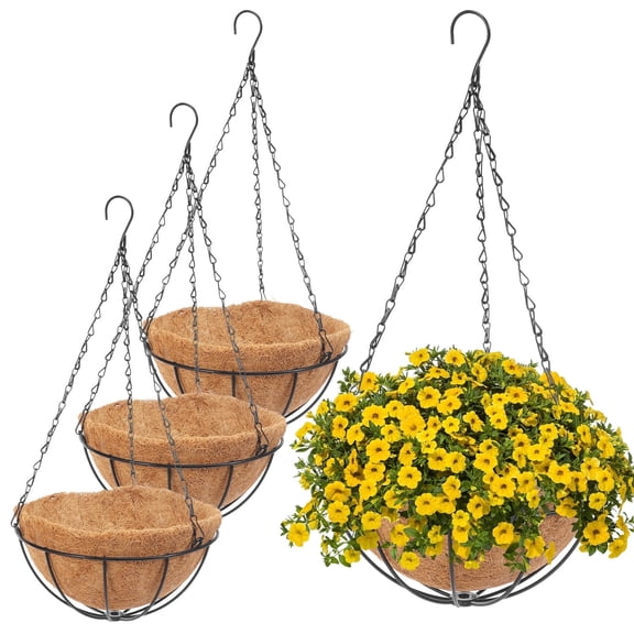 Qenwkxz 4Pcs 10 Inch Hanging Flower Round Basket with Coco Coir Lining Round Metal Hanging Flower Pot with Chain and Hook for Indoor Outdoor Garden Porch