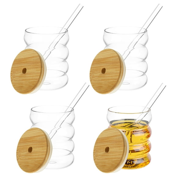 Ikoopy 4Pcs Bubble Drinking Glass with Straw and Lid Heat Resistant Drinking Glass Cup Elegant Bubble Glassware Set Ribbed Glassware for Cocktail Soda Juice