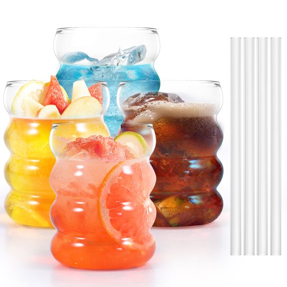 Ikoopy 4Pcs Bubble Drinking Glasses 4Pcs Straws 10oz Ribbed Drinking Glass Cups Temperature Resistant Bubble Glass Tumblers Wide Opening Ribbed Glassware Vintage Glass Cup Cocktail Soda Juice
