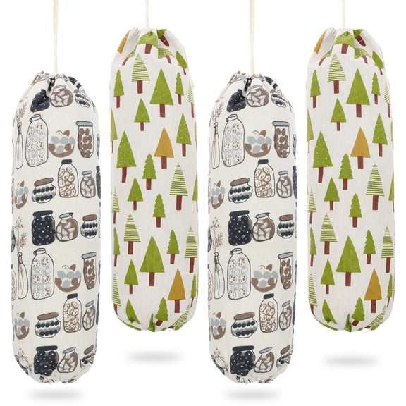 Ikoopy 4Pcs Cotton Linen Grocery Bag Holder Wear Resistant Plastic Grocery Organizer Large Capacity Dispenser Hanging Storage Bag for Pantry