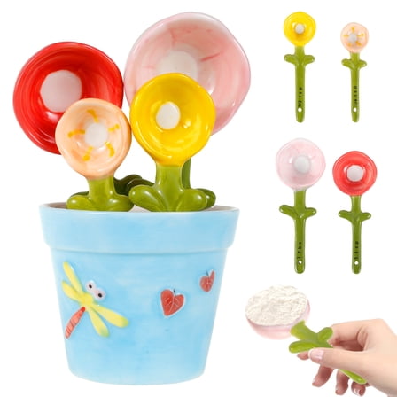 Ikoopy 4Pcs Flower Measuring Spoons Set in Pot Cute Ceramic Measuring Spoons with Base Decorative Flower Pot Measuring Spoons and Cup Set Measuring Spoons with Capacity for Milk Powder Sugar Salt