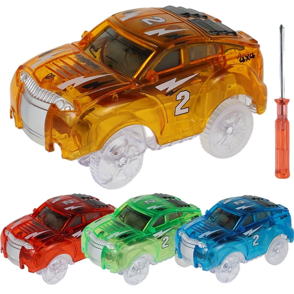 Ikoopy 4Pcs Kids Toy Car with 5 LED Light Glow in The Dark Racing Car Toy Battery Powered Light Up Car Model Toy Compatible with Most Tracks for Toddlers Aged 3+