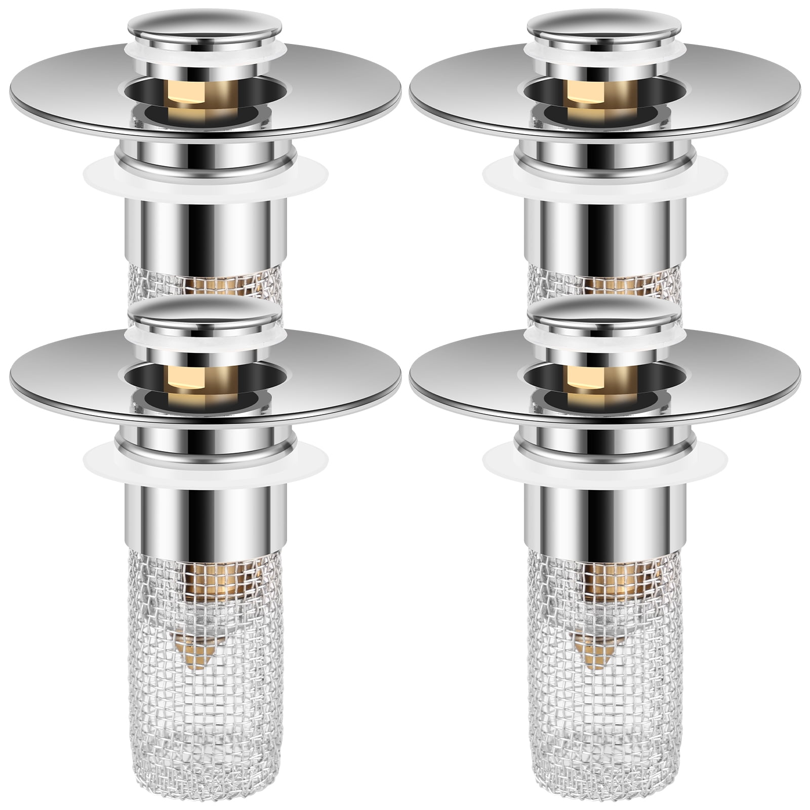 2-Pack Pop Up Sink Drain Stopper – Stainless Steel & Brass, Universal 34-40mm Fit, Hair Catcher Strainer, Press-Open/Close, With Spare Rubber Rings, For Kitchen/Bath