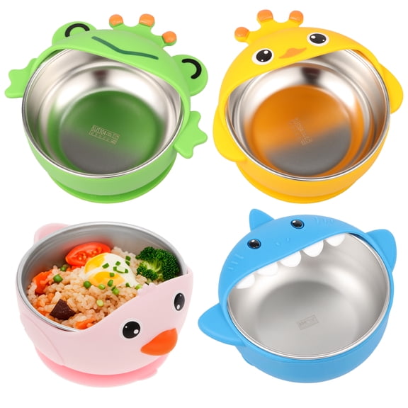Ikoopy 4Pcs Stainless Steel Baby Suction Bowl Anti Scald Toddler Suction Bowl with Removable Silicone Shell Strong Absorption for Baby