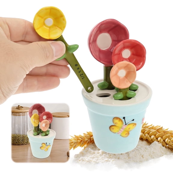 Qenwkxz 4pcs Ceramic Measuring Spoons, Flower Baking Scale Spoons with Base Set for Dry and Liquid Ingredient, 1/4 tsp, 1/2 tsp, 1 tsp, 1 Tbsp