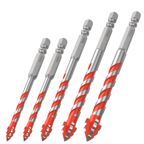 Ikoopy 5Pcs 4 Flute Sawtooth Eccentric Drill Bit Set Tungsten Carbide 1/4 Inch Hex Shank 4 Edged Serrated Eccentric Drill Bit 6/8/10/12 mm for Tile Ceramic Glass